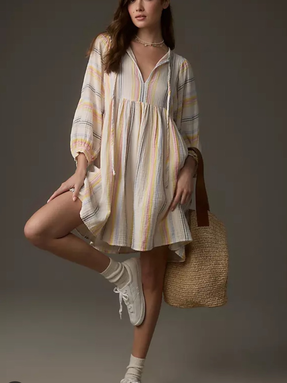 Sundry Dress Womens Medium Cream Multi Stripe Blouson Sleeve Cotton Made USA
